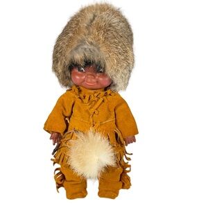 Vintage Regal Canada Eskimo Indigenous Inuit Doll 16” Fur Fringe Suede Outfit